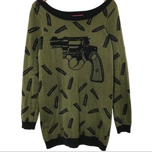 Vintage Betsey Johnson Sweater Dress L Large Bang Bang Gun Intarsia Knit Green